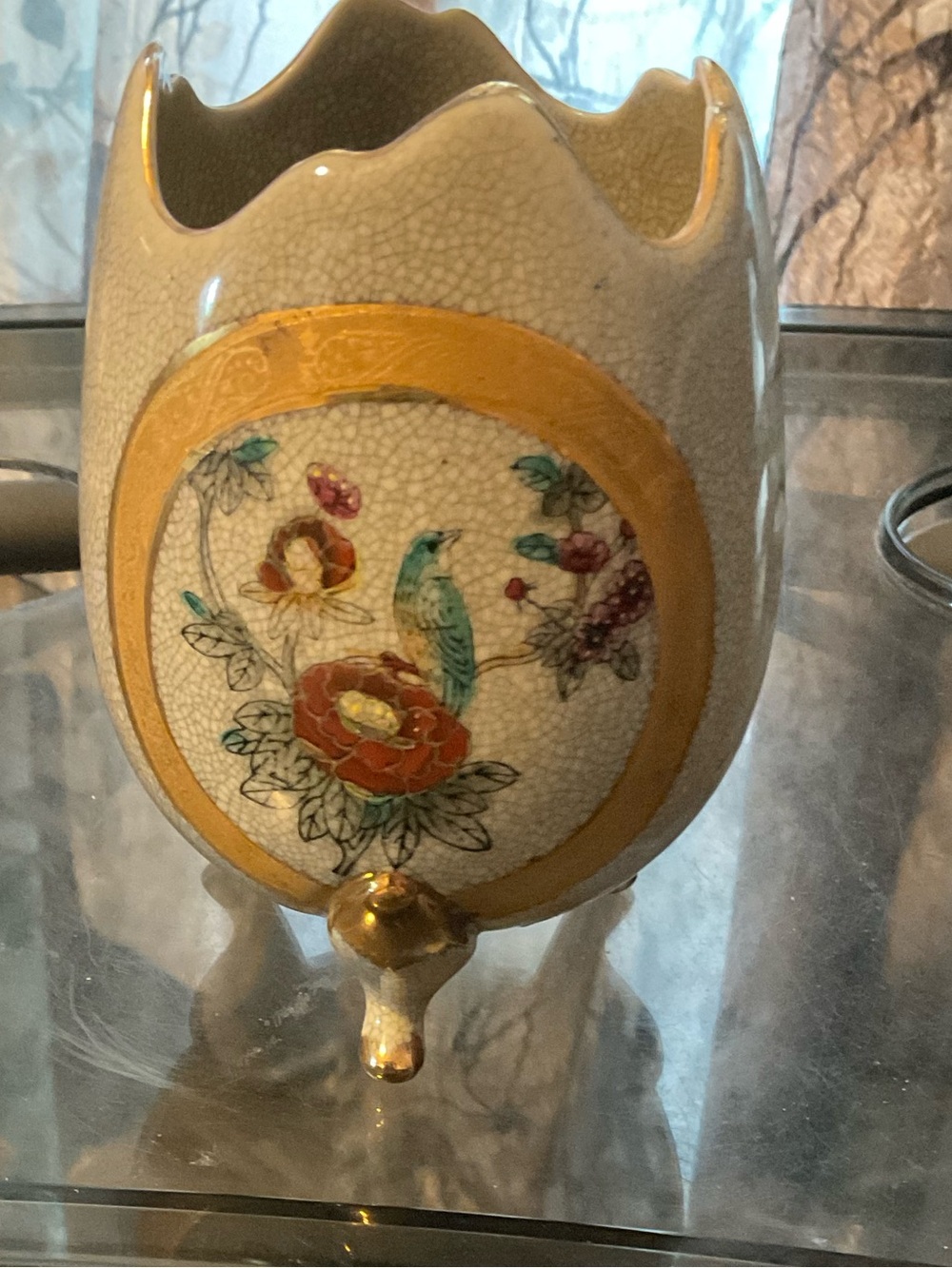 Vintage Formalities Cracked Egg Vase Planter.Teal Bird W/Gold by Baum Bros.